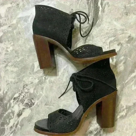 Gianni Bini Shoes Womens Size 9.5 Black Block Heel Lace Leather Peep Toe Cutout - Picture 6 of 12